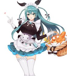 1girl absurdres aqua_hair black_survival blue_eyes blue_hair braid breasts earrings emma_hardy emma_hardy_(maid) eternal_return:_black_survival gloves highres jewelry large_breasts long_hair looking_at_viewer maid official_alternate_costume open_mouth ribbon shirt simple_background smile solo twin_braids white_background