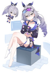 Rule 34 | 2girls, absurdres, black jacket, black shorts, crossed legs, drill hair, fur-trimmed jacket, fur trim, goggles, goggles on head, grey eyes, grey hair, handheld game console, highres, holding, holding handheld game console, holographic interface, honkai: star rail, honkai (series), jacket, lao xi, long hair, midriff, missing commentary, multiple girls, navel, short shorts, shorts, silver wolf (honkai: star rail), single bare foot, single sock, socks, toes, white socks