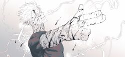 1boy bleeding blood compression_shirt cuts finger_gun fingernails gojou_satoru highres injury jujutsu_kaisen male_focus mawaru_(ajan) short_hair smile solo upper_body