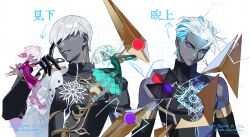 Rule 34 | 1girl, 2boys, absurdres, blue eyes, blue hair, boy vajra (fate), colored sclera, colored skin, dark-skinned male, dark skin, dual persona, earrings, electricity, electrokinesis, fate/grand order, fate (series), girl vajra (fate), grey skin, hair slicked back, hand over another&#039;s eye, highres, indra (fate), indra (third ascension) (fate), jewelry, lightning bolt facial mark, lightning bolt symbol, looking at viewer, male focus, mini person, multicolored hair, multiple boys, shirt, short hair, temu (tem27), white hair