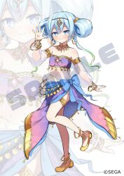1girl anklet bare_shoulders blue_eyes blue_hair blush bracelet closed_mouth commentary_request detached_sleeves full_body hair_between_eyes hair_ornament highres jewelry long_sleeves looking_at_viewer official_art ongeki sample_watermark see-through_clothes sega smile solo standing standing_on_one_leg suzushima_arisu takanashi_sora_(soramyon) watermark zoom_layer