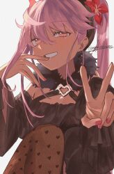 1girl absurdres bare_shoulders black_dress blush breasts chloe_von_einzbern dark-skinned_female dark_skin dress fate/grand_order fate_(series) grin highres long_hair looking_at_viewer orange_eyes pink_hair side_ponytail skeymd small_breasts smile solo