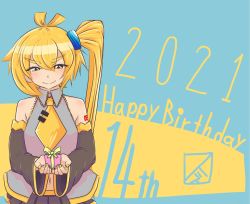1girl 2021 akita_neru bare_shoulders black_skirt black_sleeves blonde_hair blush box commentary detached_sleeves english_text gift grey_shirt hair_tie half-closed_eyes happy_birthday highres holding holding_box holding_gift long_hair looking_at_viewer navel necktie pleated_skirt shirt side_ponytail skirt sleeveless sleeveless_shirt smile smith_hioka solo thick_eyebrows upper_body v-shaped_eyebrows very_long_hair vocaloid yellow_eyes yellow_necktie