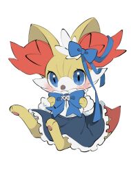 Rule 34 | 1other, animal focus, blue eyes, blush, bow, closed mouth, clothed pokemon, dress, fennekin, frilled dress, frills, full body, gen 6 pokemon, light frown, looking at viewer, nintendo, no humans, pawpads, pokemon, pokemon (creature), pokemon focus, white background, yellow fur, yumeminoideyu2