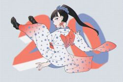 Rule 34 | 1girl, acubi tomaranai, black footwear, black hair, blue eyes, blue kimono, commentary request, earrings, eyeshadow, full body, hair ornament, hair scrunchie, highres, japanese clothes, jewelry, kimono, lipstick, long hair, looking at viewer, makeup, nail polish, new year, nontraditional jika-tabi, number background, obi, original, polka dot, polka dot kimono, ponytail, red eyeshadow, red nails, sash, scrunchie, solo, white kimono