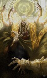 1boy arms_up artist_logo braid commentary crazy_grin crown elden_ring english_commentary evil_grin evil_smile extra_arms extra_digits godrick_the_grafted gold great_rune_(elden_ring) grin hands_up highres jewelry logo long_hair looking_at_viewer o&#039;donnis open_mouth side_braids smile solo twin_braids white_hair