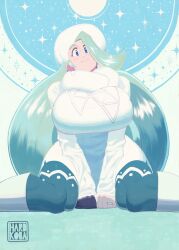 1girl black_gloves blue_background blue_eyes blue_pantyhose boots breasts earrings fur_collar fur_hat fur_trim gloves green_hair hardkoba hat highres huge_breasts jewelry long_hair looking_at_viewer melony_(pokemon) nintendo pantyhose poke_ball_symbol pokemon pokemon_swsh ring smile sparkle sparkle_background sweater thick_eyebrows thick_thighs thighs ushanka wedding_ring white_background white_footwear white_sweater