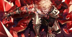 1boy arm_tattoo armor armored_boots armored_gloves black_coat black_pants blonde_hair boots braid cape chest_tattoo coat crystal crystal_shards earrings facial_tattoo gold_armlet gold_earrings gold_necklace gradient_hair hand_on_ground honkai:_star_rail honkai_(series) jewelry male_focus material_growth multicolored_hair mydei_(honkai:_star_rail) necklace on_one_knee open_clothes open_coat open_mouth orange_eyes outstretched_arm pants pauldrons red_cape red_hair red_tattoo shoulder_armor side_braid single_pauldron solo tattoo toned toned_male tsuika_63no