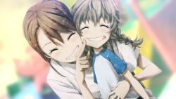 2girls aged_down aged_up amane_suzuha arm_around_waist bad_tag blurry blurry_background braid brown_hair cheek-to-cheek child clenched_teeth dutch_angle finger_to_another&#039;s_cheek fingernails game_cg grin group_picture hair_between_eyes happy heads_together highres huke multiple_girls official_art outdoors park pink_lips ringed_eyes shiny_lips shirt short_sleeves smile square_pupils squatting steins;gate steins;gate:_linear_bounded_phenogram t-shirt teeth tennouji_nae tennouji_nae_(robotics;notes) twin_braids twintails white_shirt