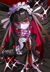 1girl animal_print brown_hair brown_jacket butterfly_print card celestia_ludenberg closed_mouth danganronpa:_trigger_happy_havoc danganronpa_(series) drill_hair earrings frilled_jacket frills highres holding holding_card jacket jewelry long_hair long_skirt long_sleeves looking_at_viewer ne_(ne_on) necktie open_clothes open_jacket playing_card red_background red_eyes red_necktie skirt solo sparkle twin_drills twintails