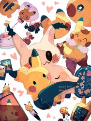 book bookmark candy cape clock closed_eyes colored_skin commentary_request creatures_(company) crown cup digital_clock food fur-trimmed_cape fur_trim game_freak gen_1_pokemon gen_7_pokemon hanabusaoekaki heart highres mimikyu nintendo no_humans open_mouth pen photo_(object) pikachu plate pokemon pokemon_(creature) simple_background smile stuffed_toy tail tea teacup translation_request wavy_mouth white_background yellow_skin