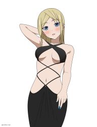 1girl absurdres alternate_costume arm_behind_head arm_up black_dress blonde_hair blue_eyes blue_nails blush braid breasts clothing_cutout coro_fae dress hair_down hayasaka_ai highres kaguya-sama_wa_kokurasetai_~tensai-tachi_no_renai_zunousen~ long_hair looking_at_viewer medium_breasts navel revealing_clothes simple_background single_braid solo white_background