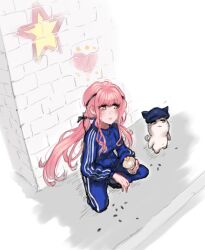 Rule 34 | 1girl, against wall, animal, black bow, black ribbon, blue hat, blue jacket, blue pants, bow, brown eyes, cat, clothed animal, commentary request, ear covers, expressionless, eyelashes, full body, gopnik, graffiti, hair bow, hair ribbon, hat, heart, holding, infinity nikki, jacket, light blush, long hair, long sleeves, looking ahead, low twintails, maji-pan, momo (nikki), navel, newsboy cap, nikki (nikki), nikki (series), pants, pink hair, ribbon, sidelocks, sidewalk, slav squatting, squatting, star (symbol), sweatpants, track jacket, tress ribbon, twintails, very long hair, wavy hair, whiskers, white background, white cat, zipper, zipper pull tab
