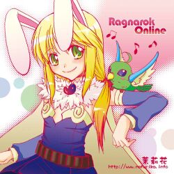 Rule 34 | 1girl, 2000s (style), alchemist (ragnarok online), animal ears, animal on arm, bad id, bird, bird on arm, blonde hair, blue sleeves, blush, breasts, brown cape, cape, closed mouth, copyright name, cowboy shot, detached sleeves, dress, filir (ragnarok online), fur collar, green eyes, long hair, looking at viewer, lowres, magatama, musical note, purple dress, rabbit ears, rabbit girl, ragnarok online, small breasts, smile, solo, strapless, strapless dress, tachibana sakuya (matsurika), watermark, web address