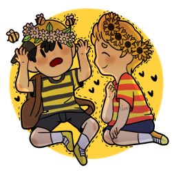 2boys bad_tag black_hair child crown flower hat head_wreath lucas_(mother_3) male_focus mother_(series) mother_2 mother_3 multiple_boys ness_(mother_2) nicole_(artist) nintendo shirt source_request striped_clothes striped_shirt super_smash_bros.