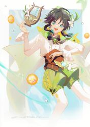 1boy absurdres anemo_symbol_(genshin_impact) aqua_eyes black_hair braid coin cowboy_shot d-aprken frilled_shirt frills genshin_impact gold_coin green_shorts harp highres instrument lyre open_mouth pantyhose shirt shorts solo teeth twin_braids upper_teeth_only venti_(genshin_impact) vision_(genshin_impact) white_pantyhose white_shirt