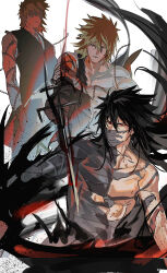 1boy absurdres bankai black_hair bleach chain chamsut0905 closed_mouth collarbone commentary_request cowboy_shot fighting_stance floating_hair glowing glowing_eyes highres holding holding_sword holding_weapon katana korean_commentary kurosaki_ichigo long_hair looking_at_viewer male_focus mask medium_hair mouth_mask mugetsu_form_(bleach) multiple_views muscular muscular_male orange_hair red_eyes simple_background sketch spiked_hair sword tensa_zangetsu_(bankai) torn_clothes v-shaped_eyebrows very_long_hair weapon white_background