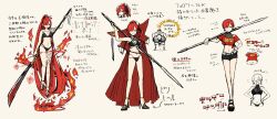 1girl alternate_hair_length alternate_hairstyle bikini black_bikini black_shorts breasts buster_shirt cape chain cleavage collared_cape doodle_inset earrings fate/grand_order fate_(series) fire goma1021 hair_ornament hair_over_one_eye high_heels highres holding holding_polearm holding_weapon jewelry large_breasts long_hair multiple_views naginata oda_nobunaga_(fate) oda_nobunaga_(maou_avenger)_(fate) polearm ponytail popped_collar red_cape red_eyes red_hair sandals short_hair shorts smile solo spear swimsuit tattoo very_long_hair weapon