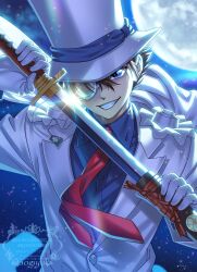 1boy aogiyuki blue_eyes blue_shirt brown_hair cape clover commentary_request floating_cape floating_clothes floating_hair formal_clothes four-leaf_clover full_moon gloves grin hat head_tilt highres holding holding_sheath holding_sword holding_weapon jacket kaitou_kid katana kuroba_kaito looking_at_viewer magic_kaito male_focus meitantei_conan monocle monocle_chain moon necktie night red_necktie sheath shirt short_hair smile solo suit sword top_hat twitter_username unsheathing upper_body weapon white_gloves white_hat white_jacket white_suit