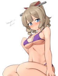 Rule 34 | 1girl, absurdres, bikini, blue eyes, blush, breasts, brown hair, commentary, dated, drill hair, hair ornament, hatakaze (kancolle), highres, kantai collection, looking at viewer, maru (marg0613), medium breasts, one-hour drawing challenge, ponytail, purple bikini, seiza, side-tie bikini bottom, simple background, sitting, solo, swimsuit, twitter username, underboob, white background