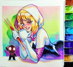 1girl art_tools_in_frame artist_name blank_eyes blue_eyes bodysuit colored_eyelashes commentary commission english_commentary gouache_(medium) gwen_stacy hood hooded_bodysuit looking_at_viewer lying marvel miles_morales naughty_face on_stomach painting_(medium) print_bodysuit rian_gonzales solo spider-gwen spider-man_(miles_morales) spider-man_(series) spider_web_print superhero_costume traditional_media watercolor_(medium) white_eyes