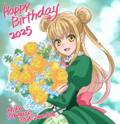 1girl :d blonde_hair bouquet bow dated double_bun dress english_text flower green_dress hair_bun happy_birthday highres holding holding_bouquet juliet_sleeves lan_ruobing long_hair long_sleeves looking_at_viewer mxnanase open_mouth puffy_sleeves rose smile solo very_long_hair yellow_eyes yellow_flower yellow_rose zhandou_wang_zhi_jufeng_zhan_hun