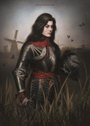 1girl armor artist_name bird breastplate crow glowing helmet highres holding holding_weapon long_hair looking_at_viewer original outdoors pauldrons shoulder_armor signature solo standing teradiam weapon windmill