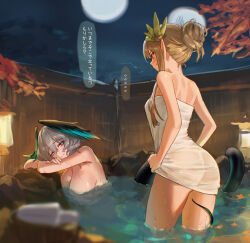 2girls absurdres arknights bare_arms bare_shoulders black_wings blonde_hair blue_eyes blush completely_nude feathered_wings grey_hair hair_between_eyes hair_bun head_wings highres ho&#039;olheyak_(arknights) long_hair looking_at_another mole mole_under_eye monster_girl muelsyse_(arknights) multiple_girls naked_towel nude onsen partially_submerged pointy_ears sidelocks sweat tail tail_wrap towel uof wings yuri