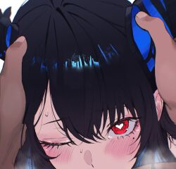 1boy 1girl blue_hair blush commentary english_commentary hair_between_eyes heart heart-shaped_pupils highres hololive hololive_english horn_grab horns implied_fellatio long_hair looking_at_viewer miychi nerissa_ravencroft one_eye_closed red_hair simple_background solo_focus steaming_body sweat symbol-shaped_pupils tears virtual_youtuber white_background