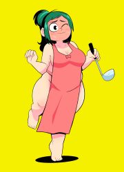 1girl absurdres apron bare_arms bare_legs bare_shoulders barefoot blush boku_no_hero_academia breasts closed_mouth collarbone curvy feet female_focus full-face_blush full_body green_hair herny highres large_breasts legs midoriya_inko naked_apron one_eye_closed plump ponytail simple_background solo standing standing_on_one_leg tiptoes toes wavy_mouth yellow_background