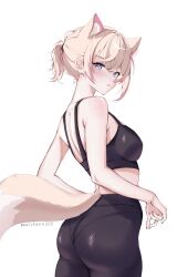 1girl alternate_costume animal_ear_fluff animal_ears artist_name black_pants blue_eyes bra breasts brown_fur brown_hair dog_ears dog_girl dog_tail hair_tie highres hololive hololive_english long_hair looking_back medium_breasts meichan mococo_abyssgard multicolored_hair pants parted_lips pink_hair pink_nails ponytail sidelocks simple_background solo standing streaked_hair sweat tail training_bra underwear virtual_youtuber white_background