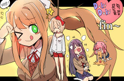 &gt;_&lt; &gt;_o 4girls ;q barefoot blood blue_skirt blush blush_stickers bow breasts bright_pupils brown_hair brown_jacket brown_vest closed_eyes collared_shirt copyright_name cupcake doki_doki_literature_club doki_doki_literature_club_school_uniform flying_sweatdrops food green_eyes hair_bow hair_intakes hair_ribbon hanged highres holding holding_knife jacket kneeling knife large_breasts long_hair long_sleeves luke_(dydansgur) monika_(doki_doki_literature_club) multiple_girls natsuki_(doki_doki_literature_club) neck_ribbon official_alternate_costume one_eye_closed pink_hair ponytail purple_hair red_bow red_ribbon red_shorts ribbon rope sayori_(doki_doki_literature_club) school_uniform shirt short_twintails shorts skirt speech_bubble spoilers stab star_(symbol) suicide tehepero tongue tongue_out trembling twintails vest vomit vomiting white_pupils white_shirt yuri_(doki_doki_literature_club)