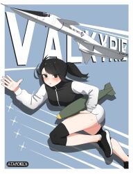 1girl aerial_bomb aircraft airplane artist_name atamonica black_eyes black_footwear black_hair black_sweater blue_background blush bomb bomber border commentary english_commentary explosive highres holding holding_bomb insignia jet long_hair looking_at_viewer military_vehicle original personification ponytail running short_shorts shorts solo star_(symbol) strategic_bomber sweatdrop sweater thighs two-tone_sweater united_states_air_force vehicle_and_personification vehicle_name white_border white_shorts white_sweater xb-70 xb-70_valkyrie