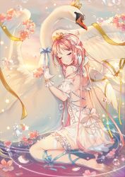 1girl angel_wings animal ass backless_dress backless_outfit bad_artstreet_id bad_id barefoot bird blue_ribbon blush bow breasts closed_eyes diadem dress feathered_wings gloves hair_ornament highres hug leg_ribbon long_hair medium_breasts original pink_hair ribbon see-through_clothes short_dress sideboob sleeveless sleeveless_dress snow_is snow_is_ swan thigh_strap very_long_hair white_bow white_dress white_gloves white_wings wings yellow_ribbon