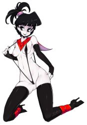 1girl bad_id bad_tumblr_id beetlejuice bikini_pull black_gloves black_hair black_lips black_thighhighs boots breasts clothes_pull elbow_gloves eyeshadow female_focus fingerless_gloves gloves goth_fashion high_heel_boots high_heels highres kneeling lipstick looking_at_viewer lydia_deetz makeup navel nipples pale_skin slingshot_swimsuit slugbox small_breasts smile solo stomach swimsuit thigh_boots thighhighs
