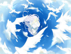 1girl bare_arms bare_shoulders bird blue_sky bright_pupils chinese_commentary cloud commentary_request day dinned dove dress feathers floating_clothes floating_hair flock from_above full_body green_eyes hair_between_eyes hand_in_own_hair highres long_hair original outdoors reflection reflective_water ripples sky sleeveless sleeveless_dress solo sundress very_long_hair wading white_dress white_pupils wind