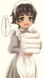 1girl :o apron aqua_eyes bush commentary_request dark_skin dress fang grey_dress gundam gundam_gquuuuuux highres holding holding_towel long_sleeves maid maid_apron musical_note ooshiro_youkou short_hair speech_bubble spoken_musical_note tan towel translation_request vani_(gundam)