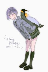 1girl absurdres bang_dream! bang_dream!_it&#039;s_mygo!!!!! bird black_shoes chinese_commentary closed_mouth commentary_request dated diagonal-striped_clothes diagonal-striped_necktie full_body green_necktie green_skirt green_socks grey_hair grey_jacket haneoka_school_uniform happy_birthday highres inumi_(780956) jacket kneehighs loafers necktie penguin pink_eyes plaid_clothes plaid_skirt pleated_skirt school_uniform shoes short_hair simple_background skirt socks solo striped_clothes takamatsu_tomori translated white_background