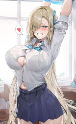 1girl absurdres aqua_bow aqua_bowtie aqua_ribbon arms_up asuna_(blue_archive) asuna_(school_uniform)_(blue_archive) asymmetrical_bangs black_bra black_choker blonde_hair blue_archive blue_skirt blush bow bowtie bra bra_visible_through_clothes breasts button_gap chair choker commentary desk gyaru hair_ribbon halo hashtag-only_commentary heart highres huge_breasts indoors kogal long_hair looking_at_viewer miniskirt navel navel_peek official_alternate_costume pleated_skirt ribbon samart school_chair school_desk shirt skirt skirt_rolled_up smile solo spoken_heart straight_hair symbol-only_commentary thighs underwear very_long_hair white_shirt