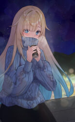 1girl absurdres aizawa_ema alternate_costume black_skirt blonde_hair blue_eyes blue_hair blue_sweater blunt_bangs blurry blush bokeh cable_knit can covered_mouth cowboy_shot depth_of_field gradient_hair highres holding holding_can long_sleeves looking_at_viewer multicolored_hair night night_sky outdoors skirt sky solo sweater turtleneck turtleneck_sweater virtual_youtuber vspo! yoto_4102