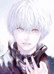 1boy black_nails black_shirt commentary grey_hair heterochromia highres kaneki_ken leather_mask lips looking_at_viewer male_focus mask mouth_mask parted_lips red_eyes shirt short_hair solo teeth teeth_print tokyo_ghoul white_background white_hair xa8uofivf2mcart