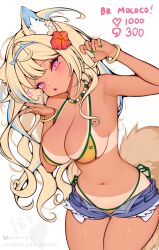 1girl alternate_costume animal_ear_fluff animal_ears ark_evil02 armpits bare_shoulders bead_necklace beads belly_chain bikini bikini_under_shorts blonde_hair blowing_kiss blue_hair bluesky_username brazilian_flag brazilian_flag_print brazilian_miku brazilian_miku_(cosplay) breasts claw_pose cleavage commentary cosplay cutoffs denim denim_shorts dog_ears dog_girl dog_tail double-parted_bangs exposed_pocket fingernails flag_print flower fuwawa_abyssgard green_nails green_trim hair_flower hair_intakes hair_ornament hairband hatsune_miku heart highres hololive hololive_english jewelry large_breasts light_blush lips long_hair looking_at_viewer micro_shorts multicolored_hair nail_polish navel necklace open_fly parted_lips patreon_username pink_eyes shorts side-tie_bikini_bottom solo spiked_hairband spikes stomach streaked_hair swimsuit tail tan tanline virtual_youtuber vocaloid white_background yellow_bikini yellow_nails