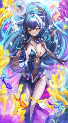 1girl absurdres aqua_hair black_hair blue_hair breasts bubble cleavage colored_inner_hair covered_navel dress goddess_of_victory:_nikke green_hair hair_intakes highres jewelry large_breasts little_mermaid_(abyss_flower)_(nikke) little_mermaid_(nikke) long_hair looking_at_viewer megumi_kei multicolored_hair navel official_alternate_costume see-through_clothes smile solo two-tone_hair very_long_hair yellow_eyes