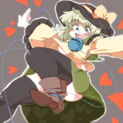 Rule 34 | 1girl, breasts, curvy, eyeball, female focus, green eyes, green hair, hat, heart, iroyopon, komeiji koishi, matching hair/eyes, medium breasts, open mouth, skirt, smile, solo, thick eyebrows, thighhighs, too many, touhou, under shirt