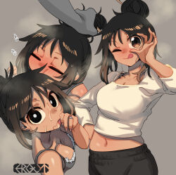 Rule 34 | 1girl, :p, belly, bra, breasts, cum, cum on body, ergot, facial, grey background, grey nails, hair bun, holding another&#039;s hair, implied after fellatio, implied fellatio, jewelry, licking, licking own finger, lingerie, looking at viewer, medium breasts, medium hair, messy hair, multiple views, navel, one eye closed, original, ring, signature, simple background, sound effects, stray pubic hair, tina (ergot), tongue, tongue out, underwear, wedding ring
