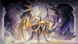 4boys absurdres alternate_form antenna_hair architecture armor asymmetrical_wings black_choker black_cloak black_gloves black_pants black_shirt black_wings blonde_hair blue_cape cape carrying choker clawed_gauntlets cloak closed_eyes coat commentary cracked_skin dark_persona english_commentary fingerless_gloves flame_reaver_of_the_deepest_dark gloves greco-roman_architecture hair_between_eyes halo halo_behind_head highres honkai:_star_rail honkai_(series) hood hood_up hooded_cloak male_focus mask material_growth multiple_boys multiple_persona pants pauldrons phainon_(honkai:_star_rail) princess_carry shirt short_hair shoulder_armor single_pauldron torn_clothes torn_shirt white_coat white_hair wings yellow_blood yellow_eyes yellow_wings yunmaojan