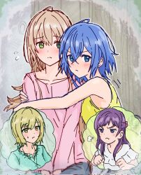 4girls bare_arms blonde_hair blue_eyes blue_hair blue_shirt blush brown_hair child closed_mouth commentary_request green_eyes highres hug jealous jewelry long_hair long_sleeves maho_nakamura misakino_kukuru miyazawa_fuuka multiple_girls necklace pink_shirt purple_eyes purple_hair shiroi_ruka shiroi_suna_no_aquatope shirt short_sleeves tank_top upalupatarara white_shirt yellow_eyes yellow_tank_top yuri
