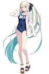 1girl absurdres black_bow blue_eyes blue_one-piece_swimsuit blue_toenails bow braid breasts faerie_knights_(fate) fate/grand_order fate_(series) full_body glasses goggles grey_hair hair_between_eyes hand_on_own_face high_heels highres jacket long_hair long_sleeves looking_at_viewer mishiro_(ixtlolton) morgan_le_fay_(fate) one-piece_swimsuit open_clothes open_jacket ponytail school_swimsuit shoes swim_goggles swimsuit thighs very_long_hair white_background white_jacket