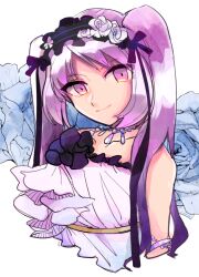 1girl bare_shoulders black_hairband bracelet c_siba_ofbt_tjkk commentary cropped_torso euryale_(fate) euryale_(third_ascension)_(fate) fate/grand_order fate_(series) flower hairband jewelry long_hair looking_at_viewer necklace purple_eyes purple_hair simple_background smile solo twintails white_background