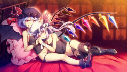 Rule 34 | 2girls, bandaged arm, bandages, bat wings, black camisole, black panties, blonde hair, boots, camisole, chima q, crystal wings, fangs, flandre scarlet, flandre scarlet (vampire pursuing the hunter), frills, hat, highres, holding hands, looking at viewer, medium hair, mob cap, multiple girls, on bed, panties, red eyes, remilia scarlet, remilia scarlet (tiny devil mistress), side ponytail, smirk, socks, touhou, touhou lostword, underwear, white hair, wings